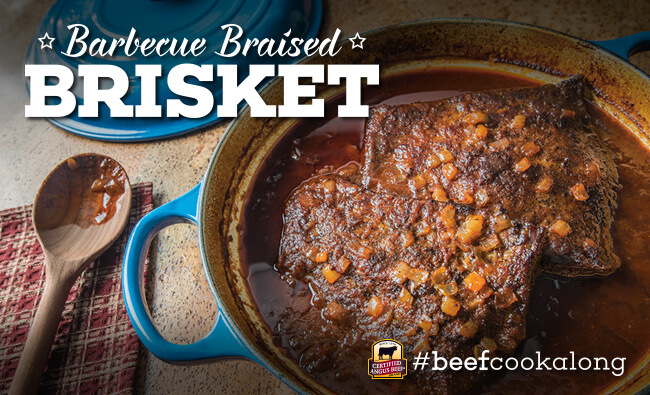 barbecue braised brisket prepared in large crock, ready to serve
