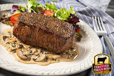 Seared Sirloin Steak with Mushroom Cream Sauce recipe provided by the Certified Angus Beef® brand.