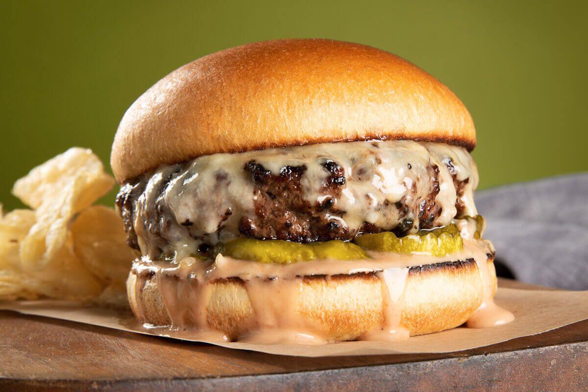 Smoked Gouda Burger with Spicy Pickles and Special Sauce