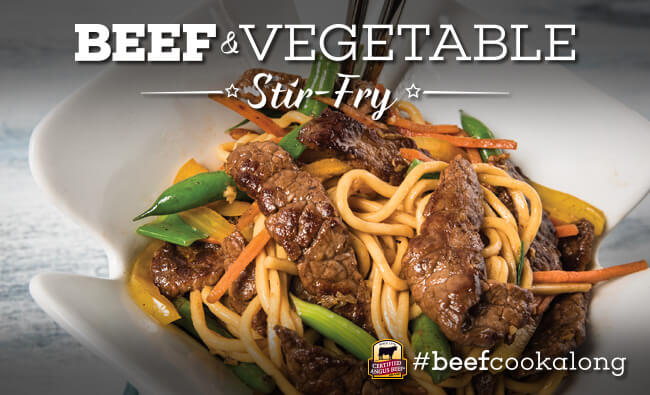 beef vegetable stir0fry with beans in serving bowl