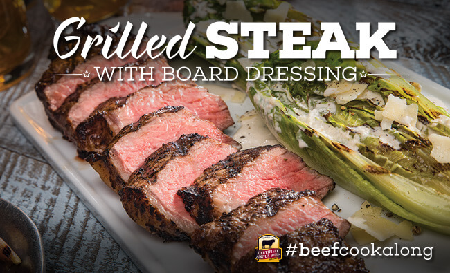 grilled steak wtih board dressing sliced on serving platter