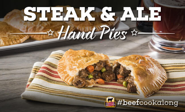 steak & ale hand pies, broke open to show beef and vegetables