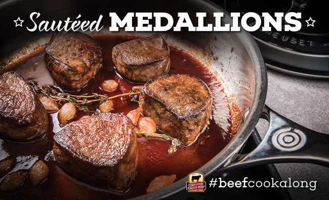 Sauteed steak medallions in large metal skillet