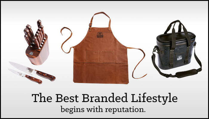 Samples of high quality gift items - knife set, leather apron and soft sided cooler - links to branded merchandise